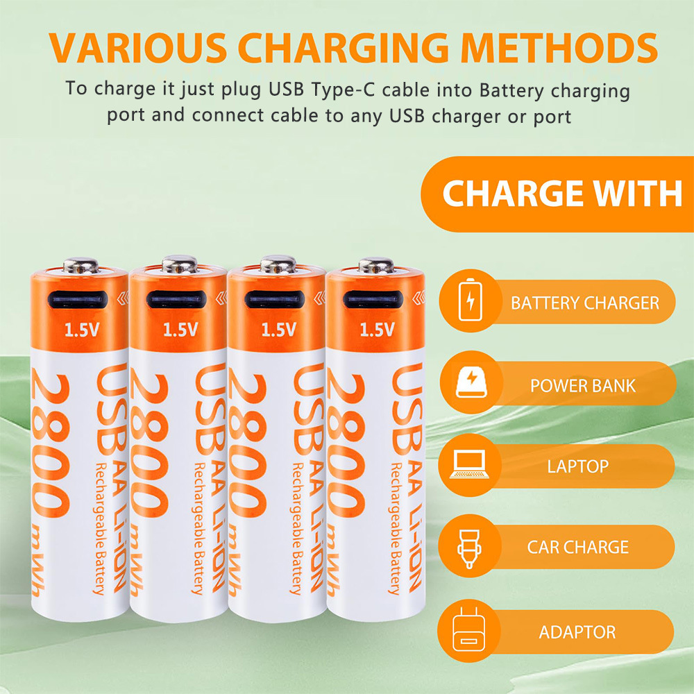 Rechargeable AA lithium battery 1.5V 2800MWh with USB-C charging cable, suitable for toy remote cont