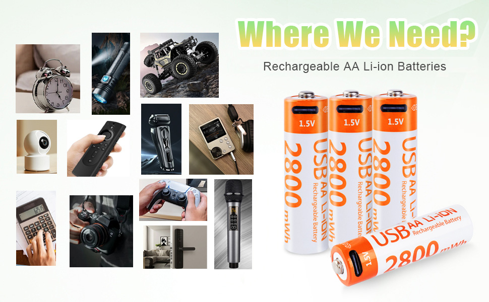 Rechargeable AA lithium battery 1.5V 2800MWh with USB-C charging cable, suitable for toy remote cont