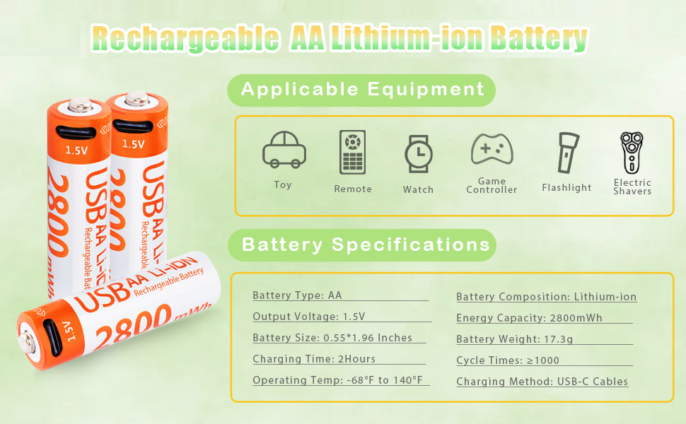 Rechargeable AA lithium battery 1.5V 2800MWh with USB-C charging cable, suitable for toy remote cont
